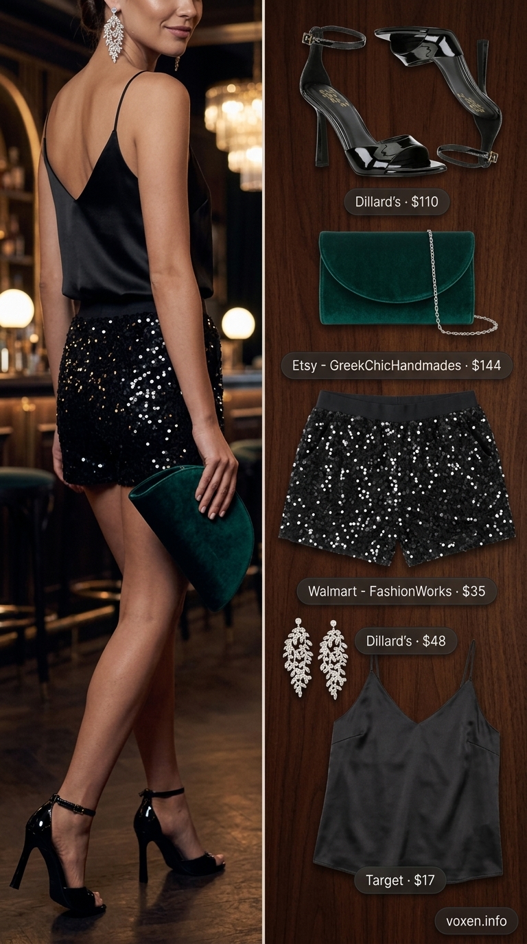 Glamorous evening escape outfit with black sequined mini shorts, a black silk camisole, strappy stiletto heels, an emerald green velvet clutch, and statement earrings. Bold short outfits for women summer 2026.