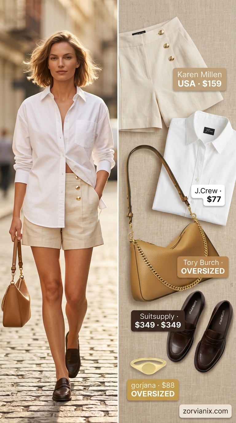 NYC street style summer outfits for women 2026: Beige linen shorts, white oversized shirt, loafers for upscale casual.