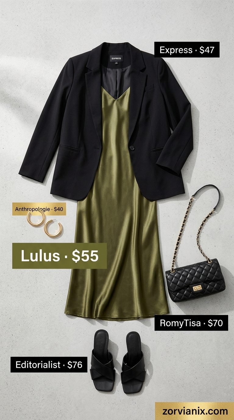 NYC street style summer outfit 2026: Elegant olive green slip dress, oversized blazer, and gold hoops for a Soho stroll.