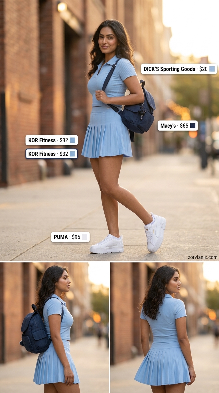 NYC street style summer outfit 2026: Powder blue pleated mini skirt, white polo top, and platform sneakers for a youthful daytime look.