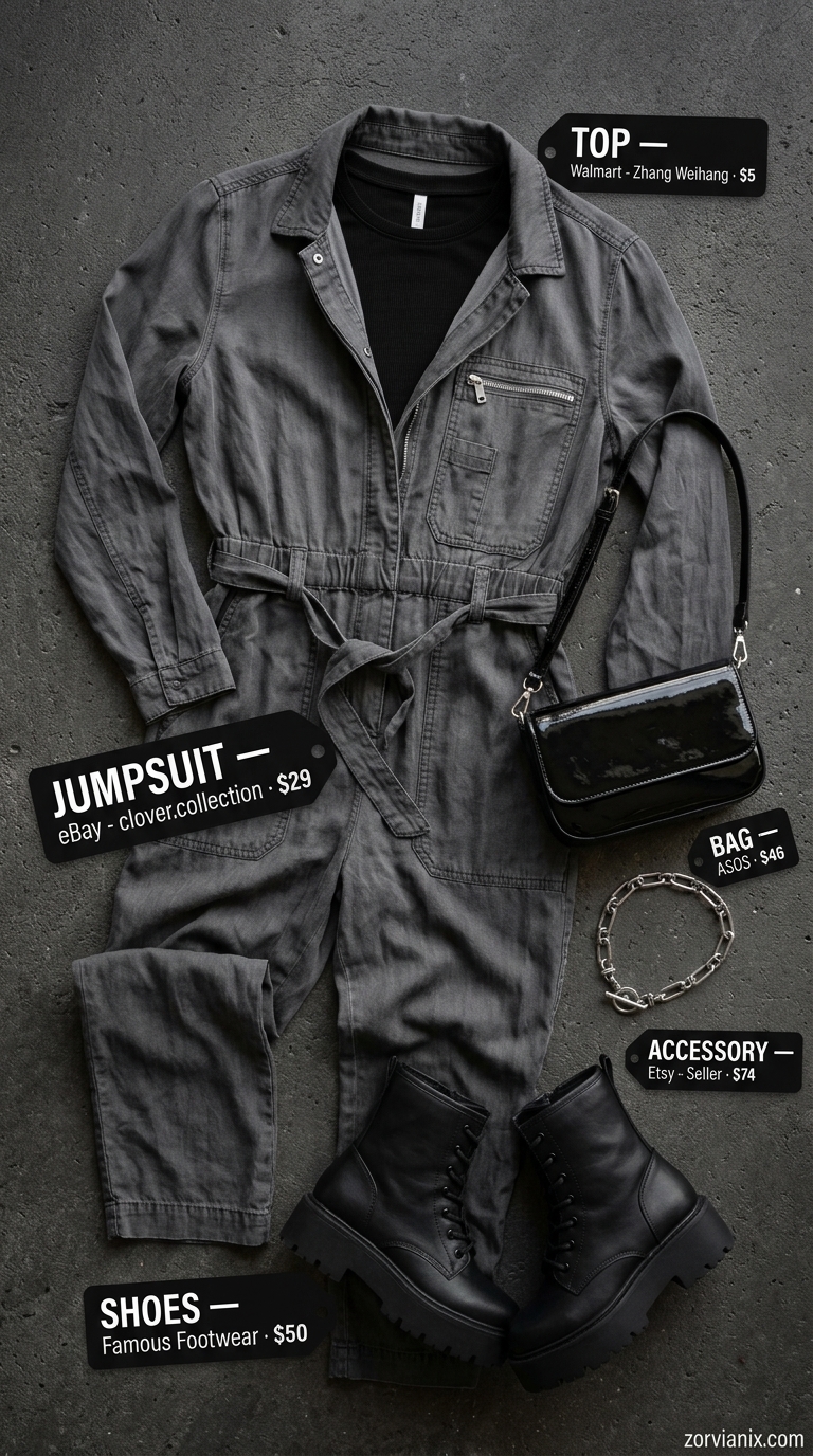 NYC street style summer outfit 2026: Edgy charcoal jumpsuit, black crop top, and combat boots for West Village cool.