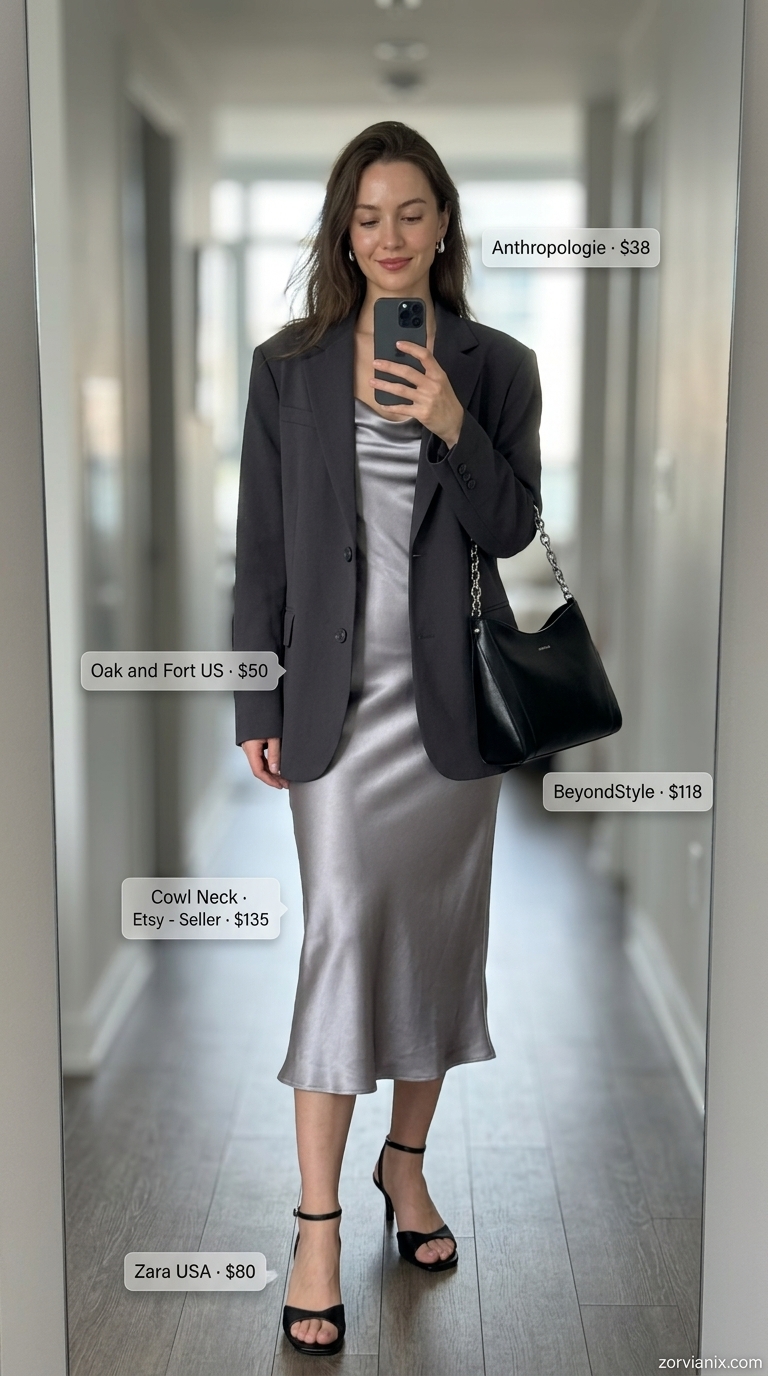 NYC street style summer outfits for women 2026: Charcoal slip dress, blazer, heels for dinner.