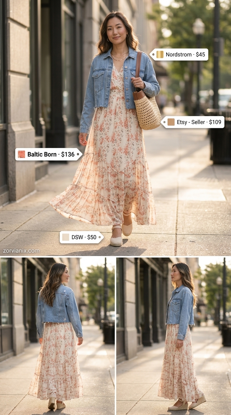 NYC street style summer outfit 2026: Bohemian floral maxi dress, denim jacket, and straw tote for a park picnic.