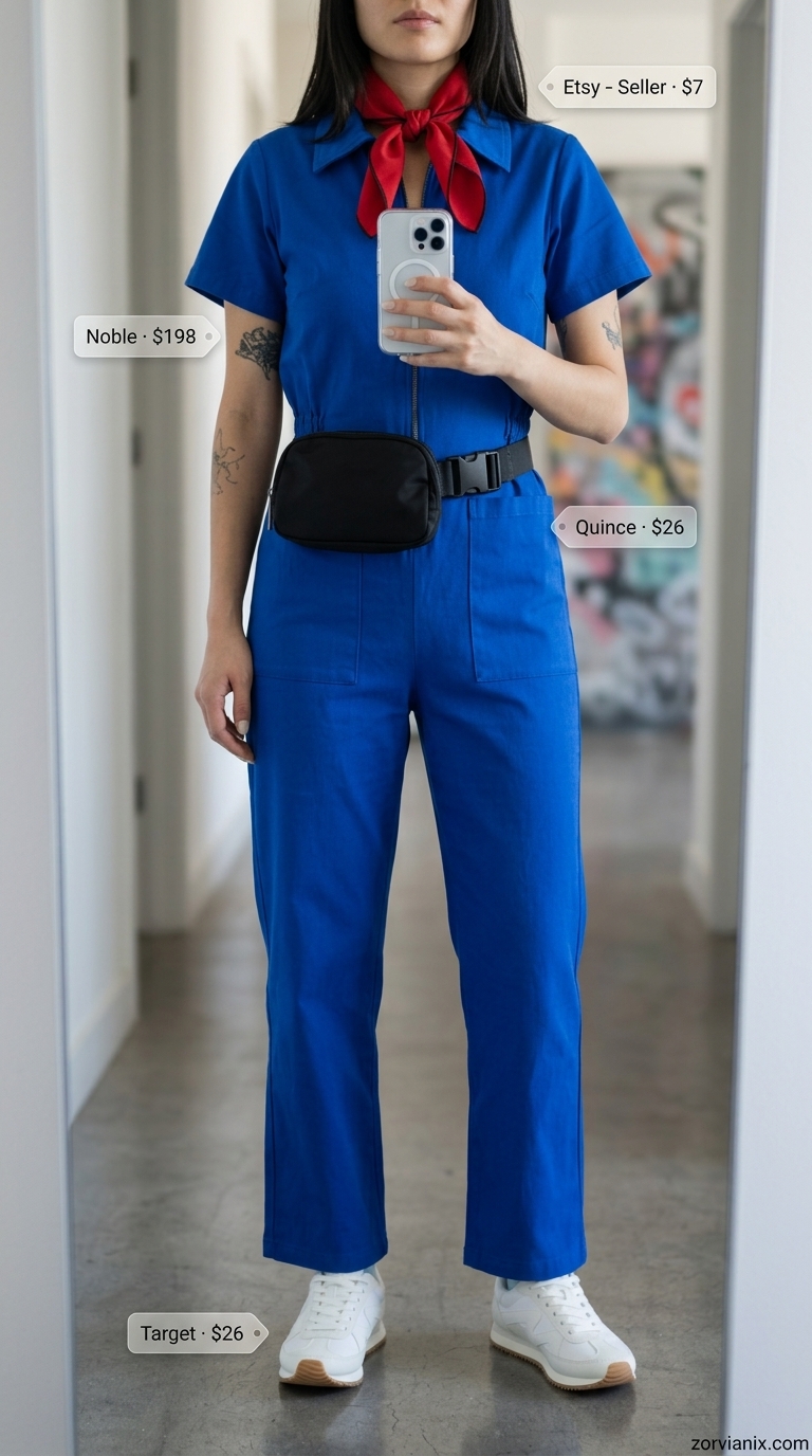 NYC street style summer outfits for women 2026: Navy utility jumpsuit with red bandana and white sneakers for a modern look.