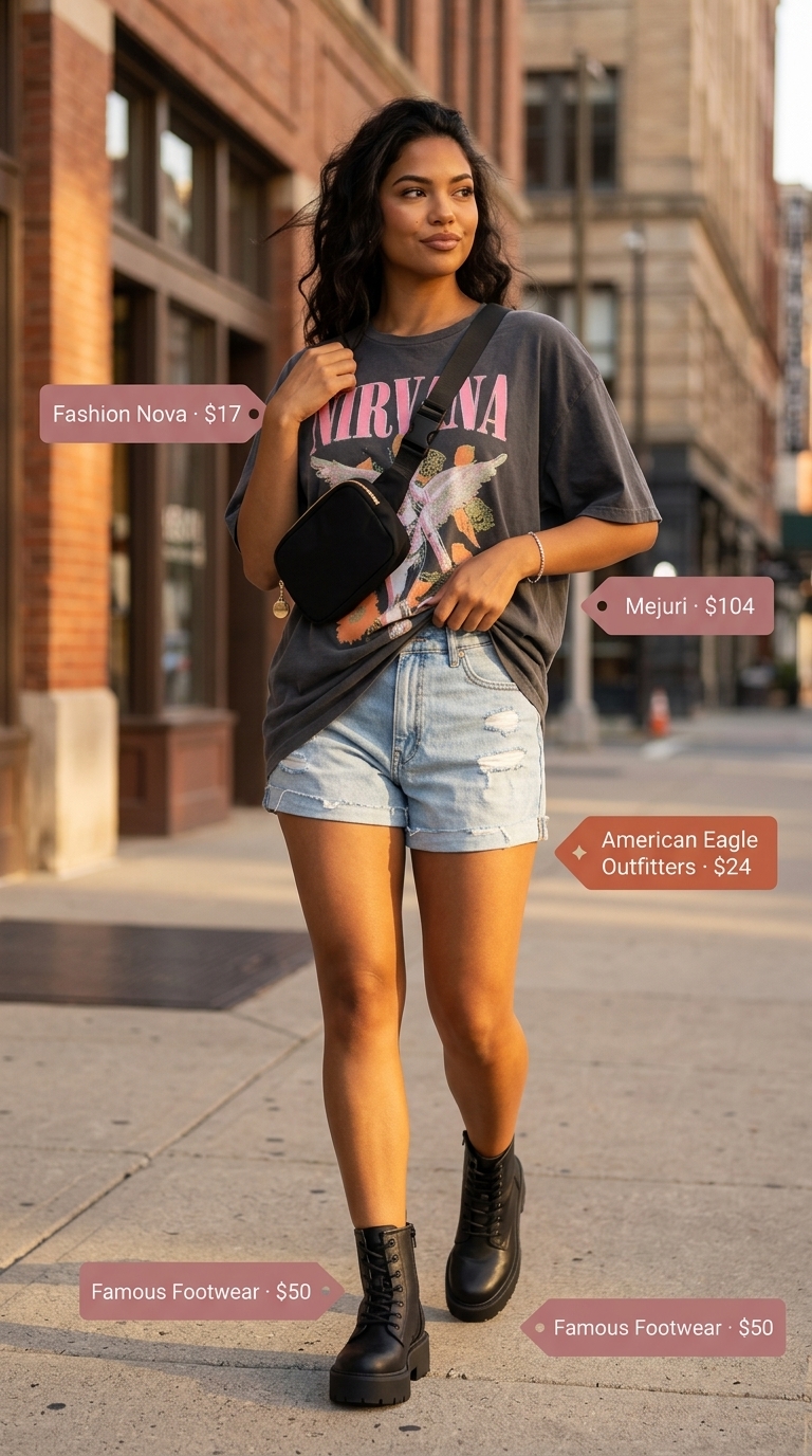 NYC street style summer outfits for women 2026: Distressed denim shorts, band tee, combat boots for an edgy festival look.