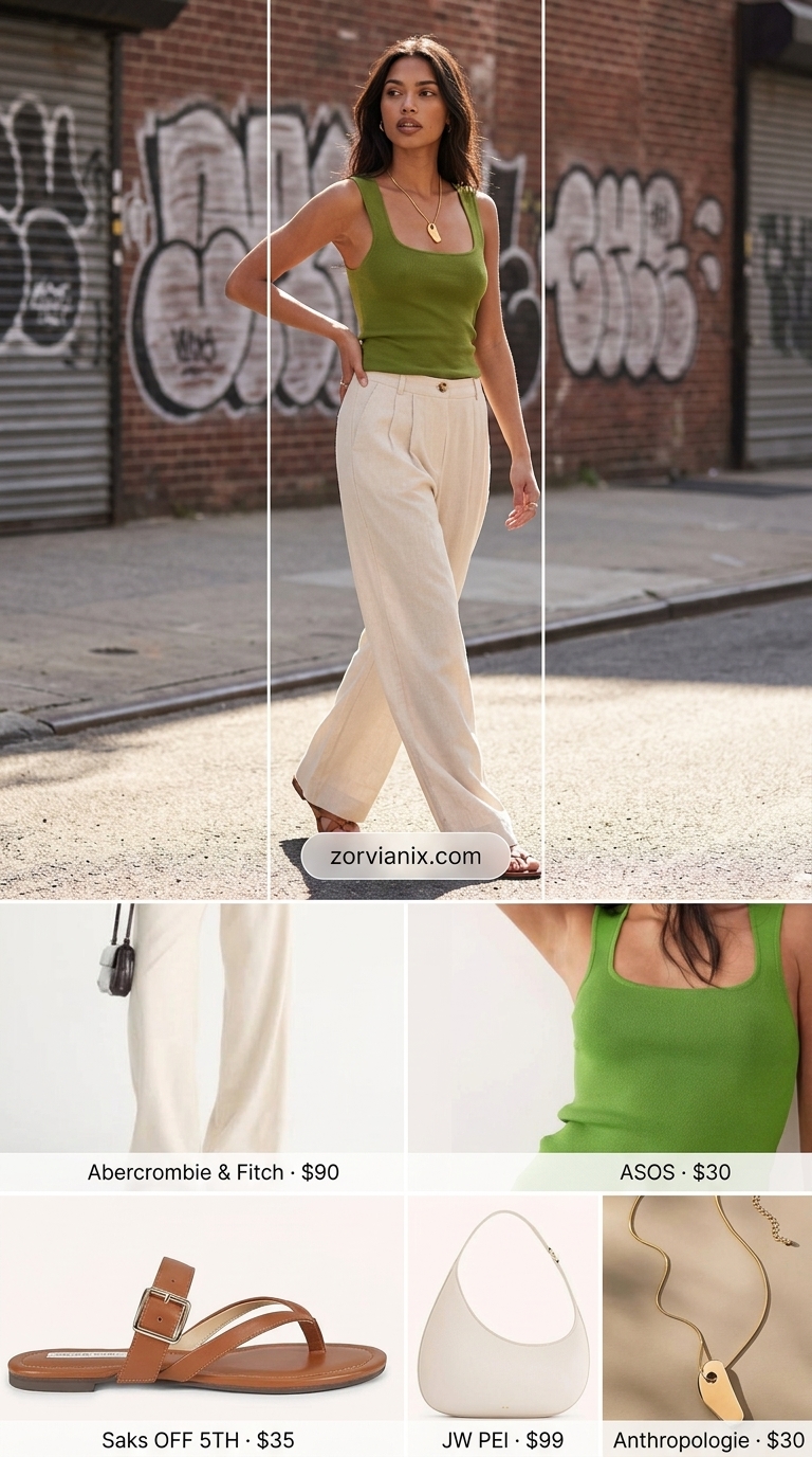 NYC street style summer outfits for women 2026: Cream linen trousers, olive camisole, sandals for art walk.