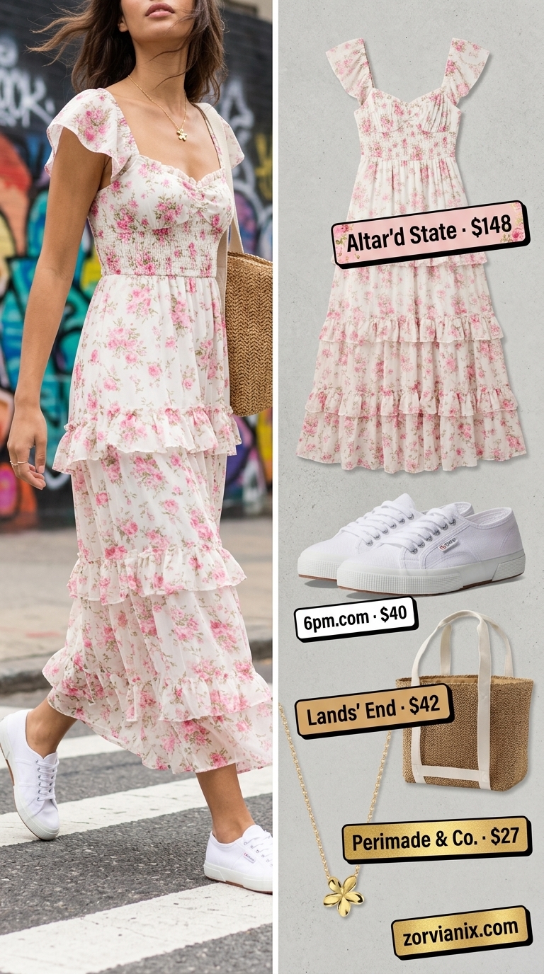 NYC street style summer outfits for women 2026: Floral maxi dress, straw hat, tote bag for a whimsical picnic look.