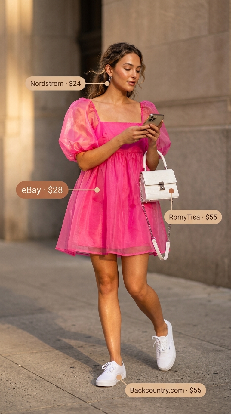 NYC street style summer outfits for women 2026: Hot pink babydoll mini dress, white sneakers for brunch.