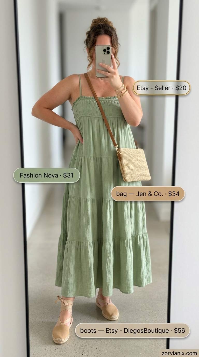 NYC street style summer outfits for women 2026: Sage green maxi dress, espadrilles, straw bag for a picnic.