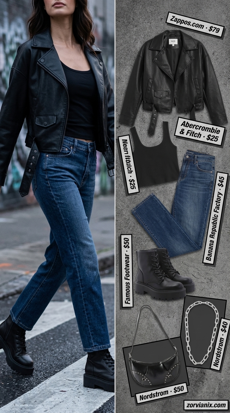 NYC street style summer outfits for women 2026: Black moto jacket, denim jeans, combat boots for a grunge-inspired night out.
