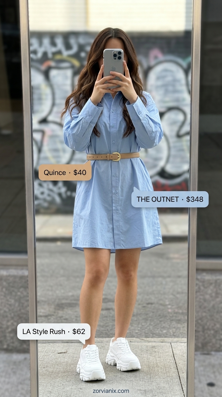 NYC street style summer outfit 2026: Effortless powder blue shirt dress, white sneakers, and tan belt for chic casual.
