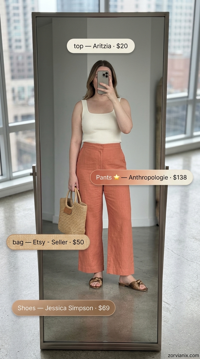 NYC street style summer outfits for women 2026: Terracotta linen pants, ivory tank, raffia bag for earthy sophistication.
