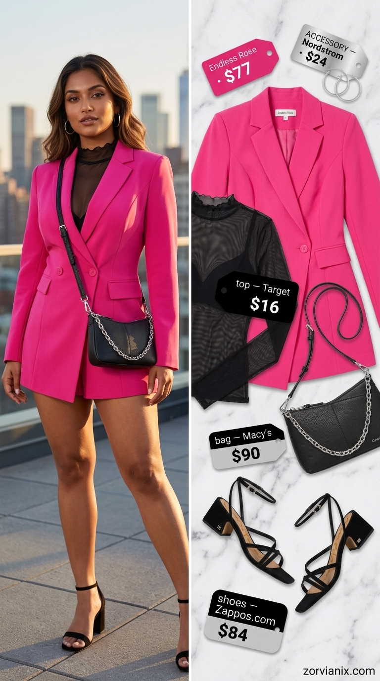 NYC street style summer outfit 2026: Bold fuchsia romper, sheer black top, and silver accessories for rooftop drinks.