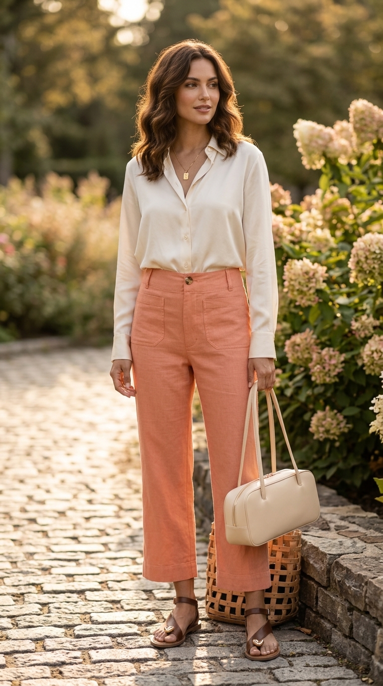 NYC street style summer outfits for women 2026: Terracotta linen pants, cream tank, slides for brunch.