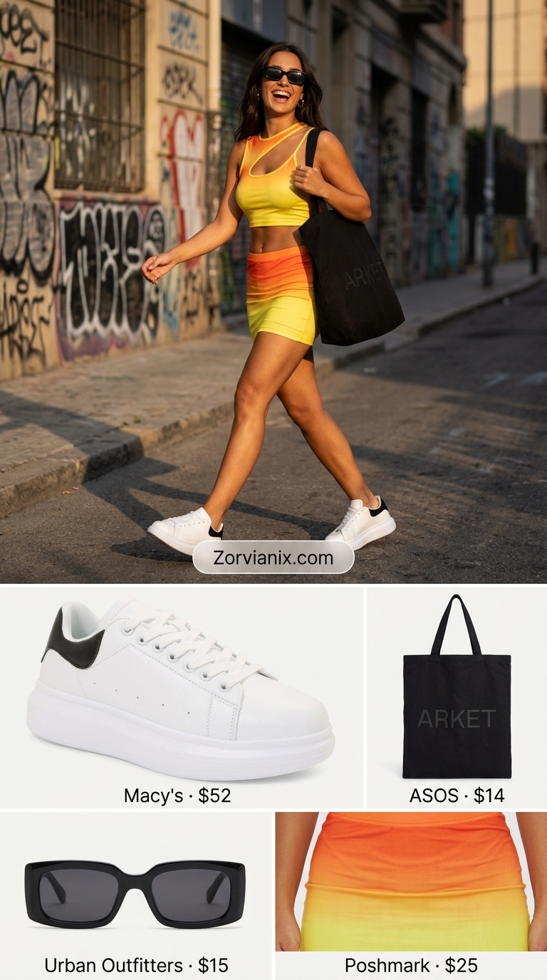 NYC street style summer outfits for women 2026: Orange & yellow abstract print matching set with chunky sneakers for a bold look.