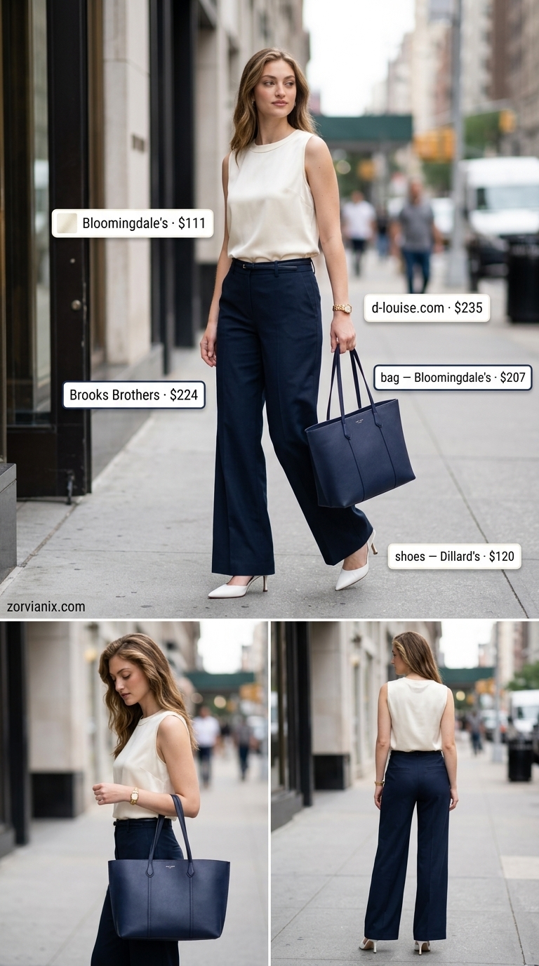 NYC street style summer outfits for women 2026: Navy wide-leg trousers, cream silk blouse, slingbacks for business.