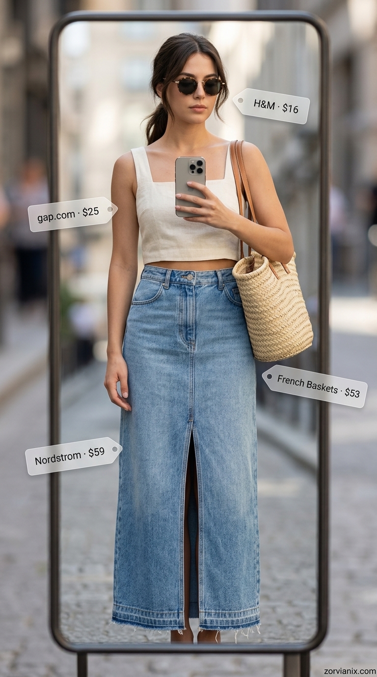 NYC street style summer outfits for women 2026: Denim maxi skirt, cream tank, espadrilles for farmers market.