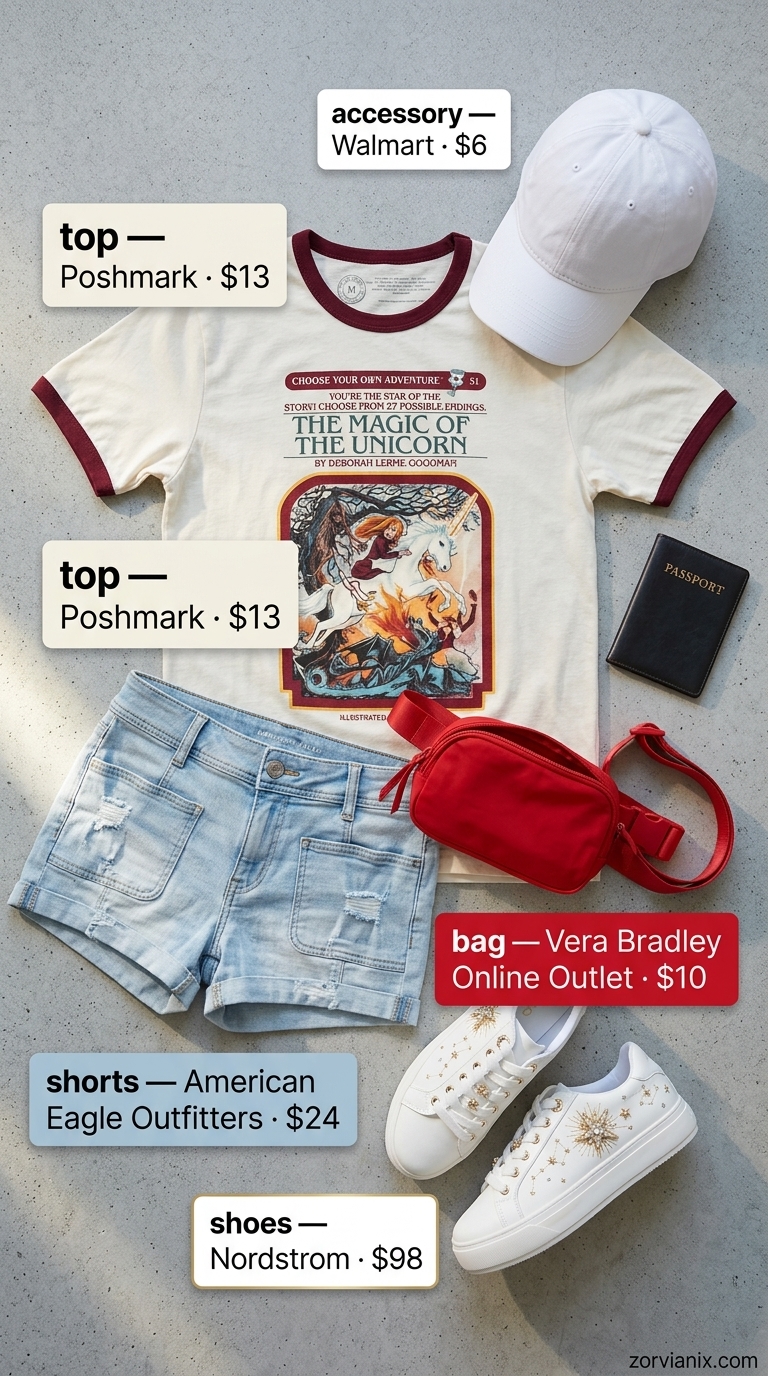 NYC street style summer outfit 2026: Playful distressed denim shorts, graphic tee, and red belt bag for urban casual.