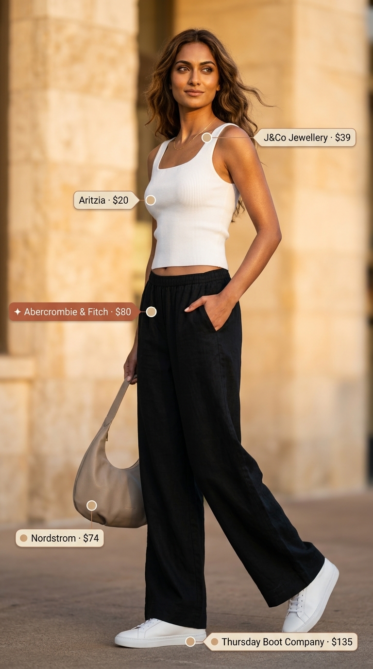 NYC street style summer outfits for women 2026: Black wide-leg pants, white tank, sneakers for casual stroll.