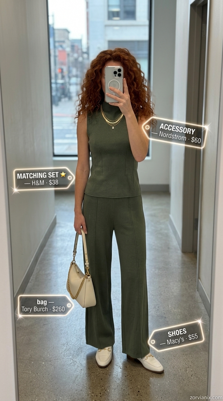 NYC street style summer outfits for women 2026: Sage green knit matching set with cream accessories for elevated casual.