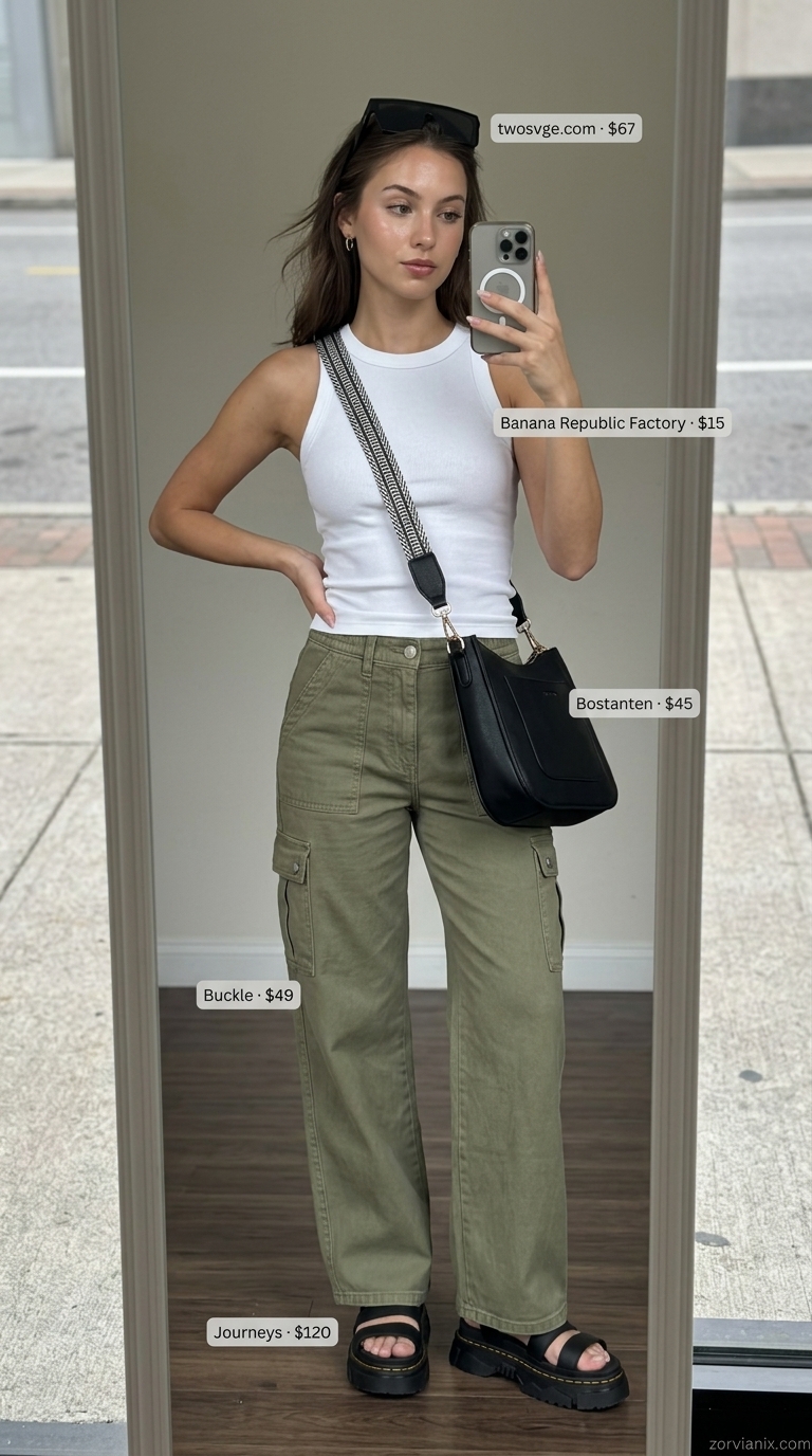 NYC street style summer outfits for women 2026: Khaki cargo pants, white tank, black sandals & sunglasses for city exploring.