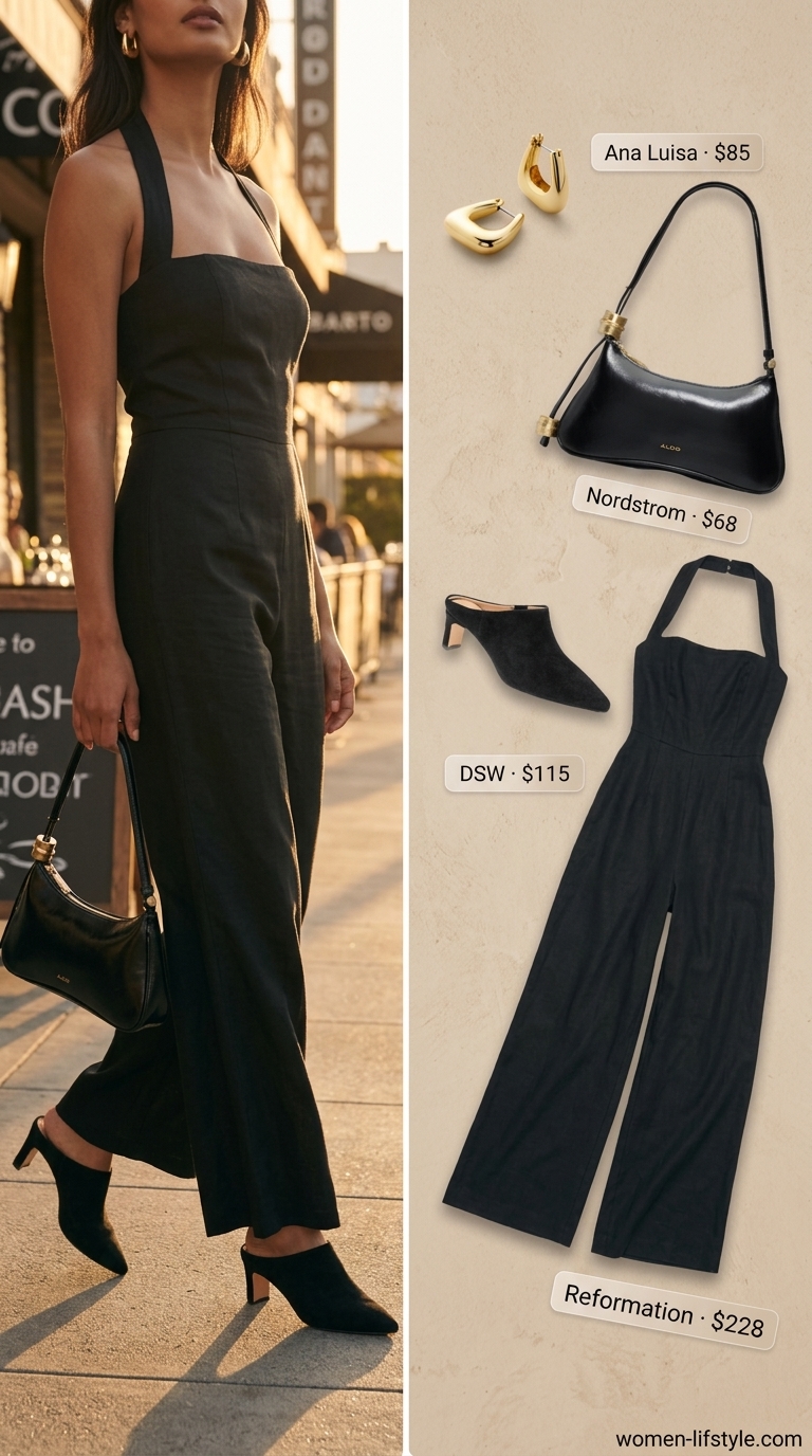 Elegant black relaxed summer linen jumpsuit with a halter neckline, styled with gold hoop earrings and black heeled mules for evening.