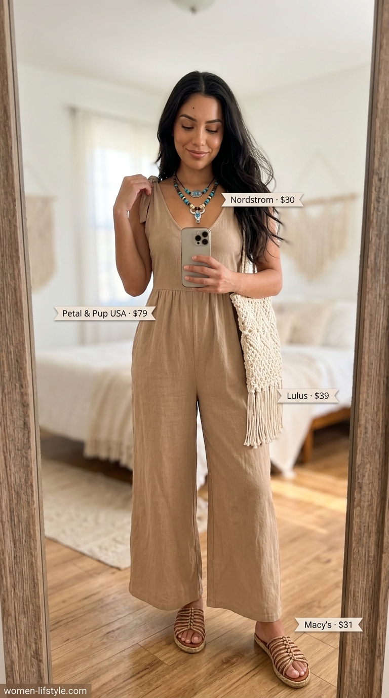 A beige loose-fitting relaxed summer linen jumpsuit for women 2026 with a dropped crotch and wide legs, styled with brown espadrille sandals and a macrame bag for a bohemian beach comber look.