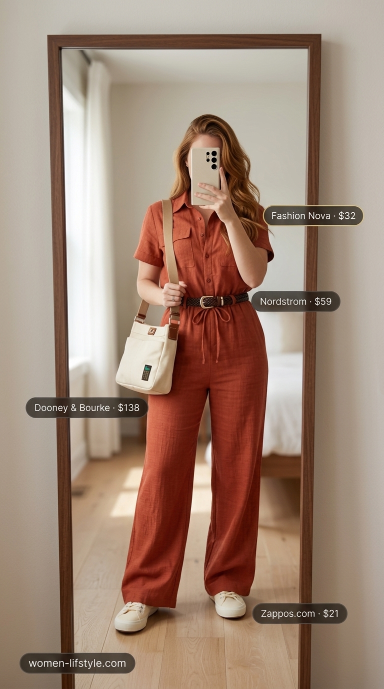 A vibrant terracotta relaxed summer linen jumpsuit for women 2026, with a braided belt and canvas sneakers, perfect for weekend wanderlust and sightseeing.