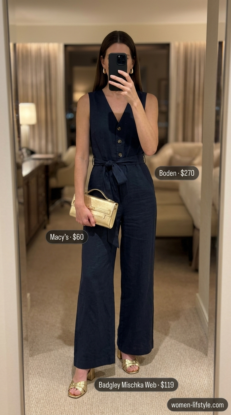 Sophisticated navy blue relaxed summer linen jumpsuit for women, styled with gold strappy heels, a clutch, and drop earrings for a cocktail party.