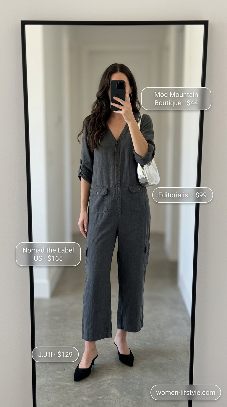 A striking charcoal grey tailored relaxed summer linen jumpsuit for women 2026, paired with black pointed-toe mules and a silver metallic bag, suitable for an art gallery opening.