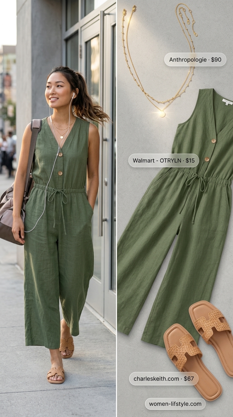 Olive green relaxed summer linen jumpsuit for women paired with tan leather slides and a straw tote for a coastal brunch.