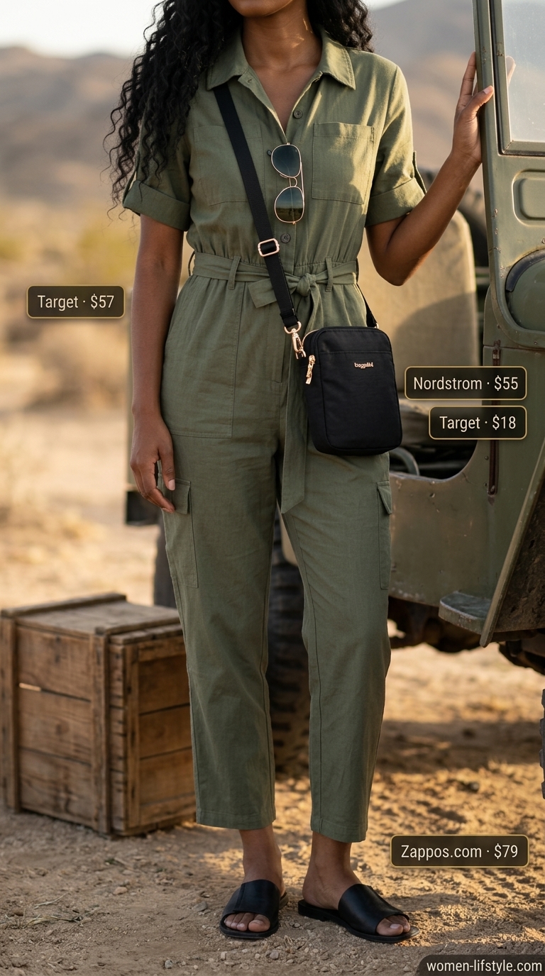 An olive green utility-style relaxed summer linen jumpsuit for women 2026 is paired with black flat sandals, a black crossbody bag, and gold aviator sunglasses for a safari adventure chic outfit.