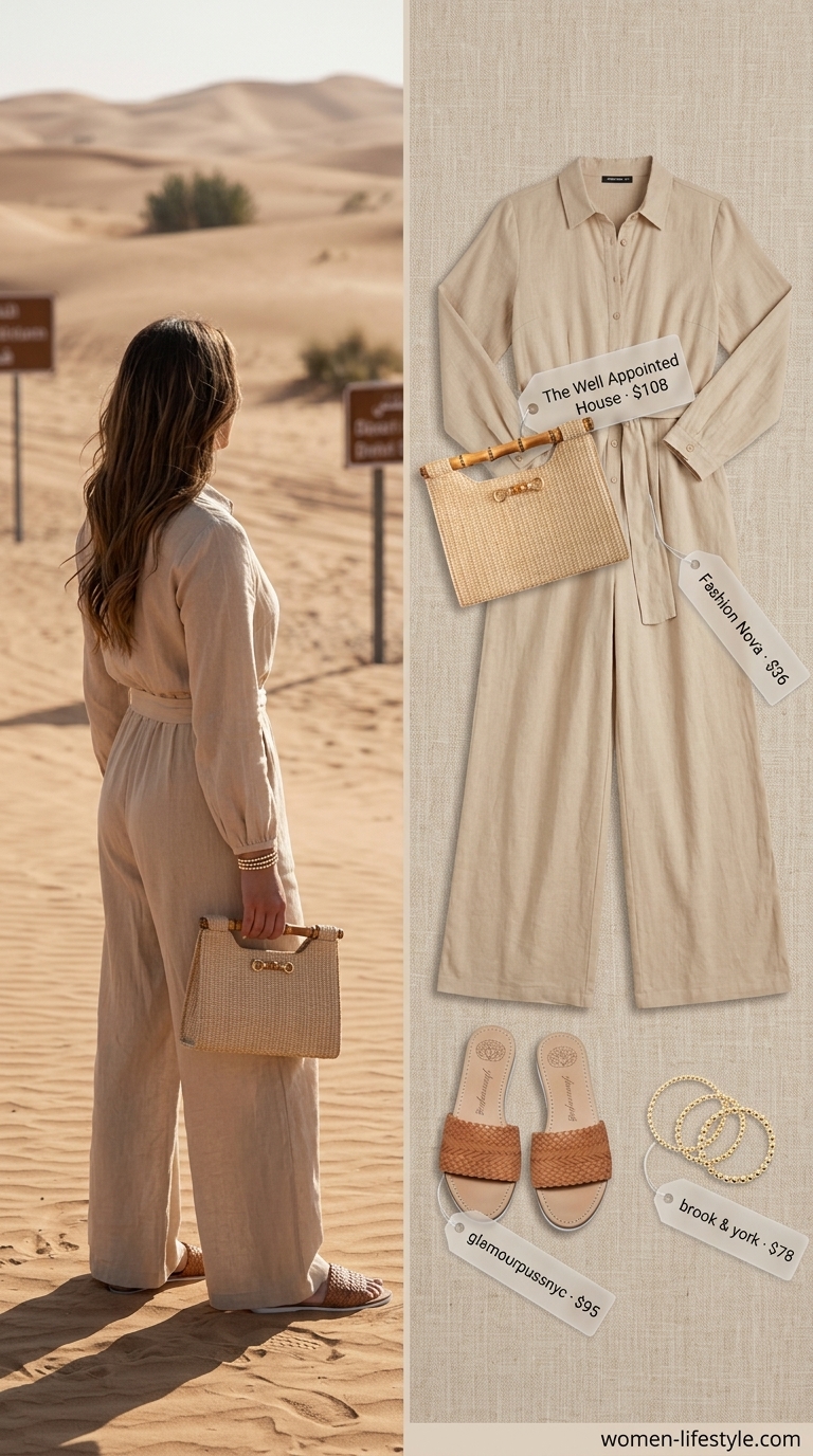 An ivory sleeveless wide-leg relaxed summer linen jumpsuit for women 2026 creates a serene resort wear look, paired with tan leather slides and a woven clutch.