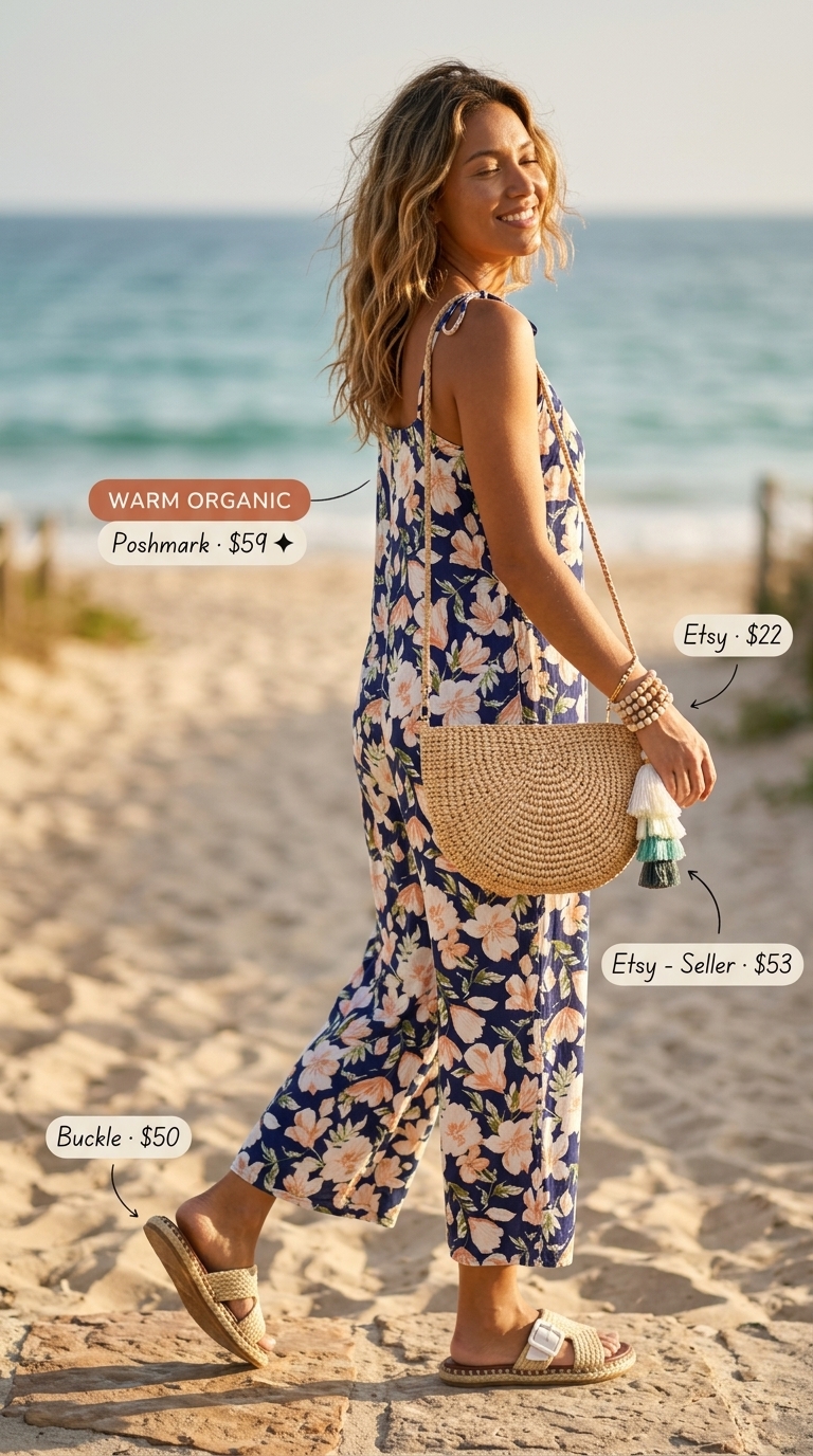 Bohemian navy print relaxed summer linen jumpsuit for women, accessorized with a straw crossbody bag, woven sandals, and beaded bracelets for a beach escape.