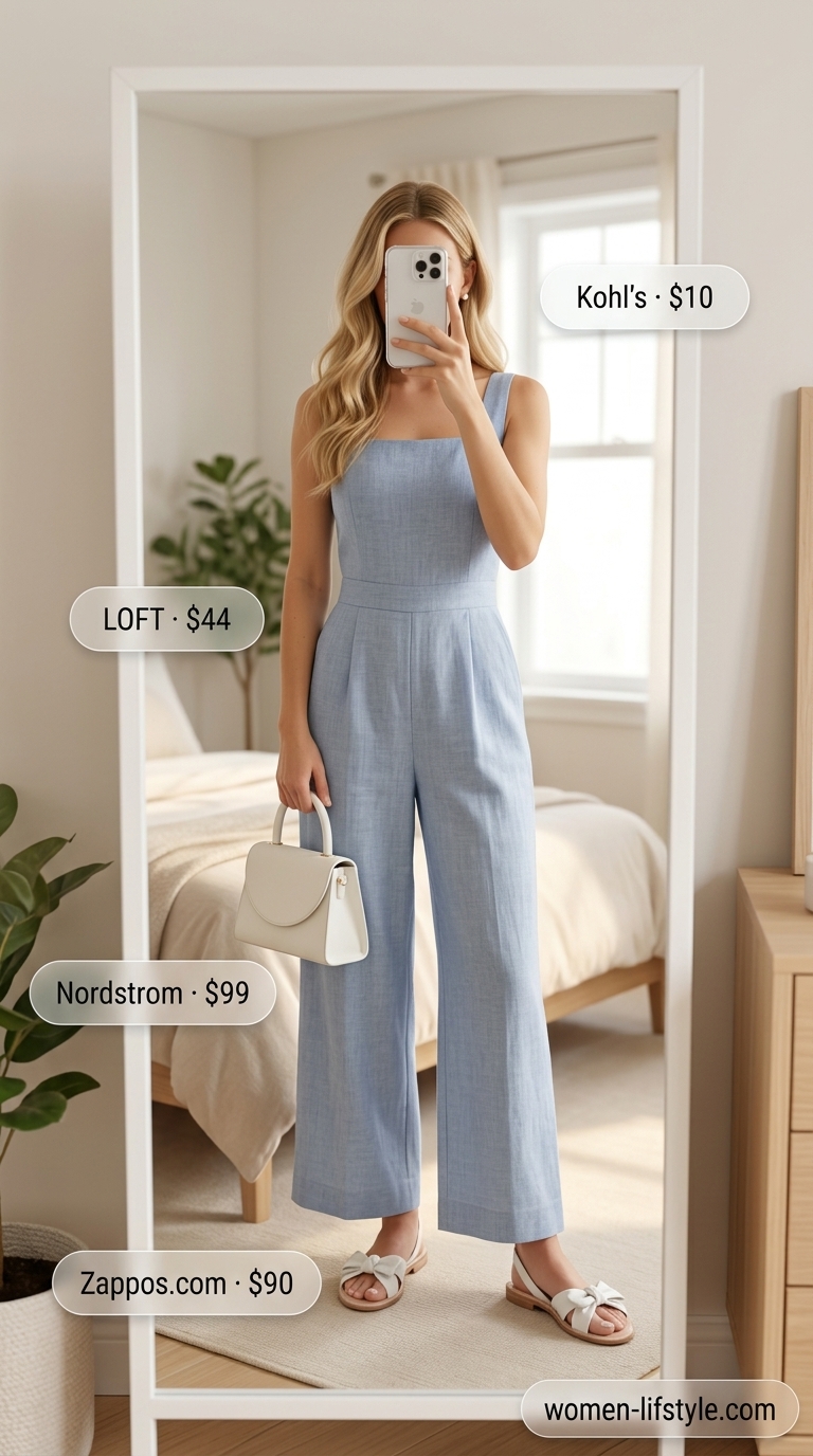 A woman models a light blue relaxed summer linen jumpsuit for women 2026, ideal for a garden party, styled with white flat slide sandals and a small white top-handle bag.