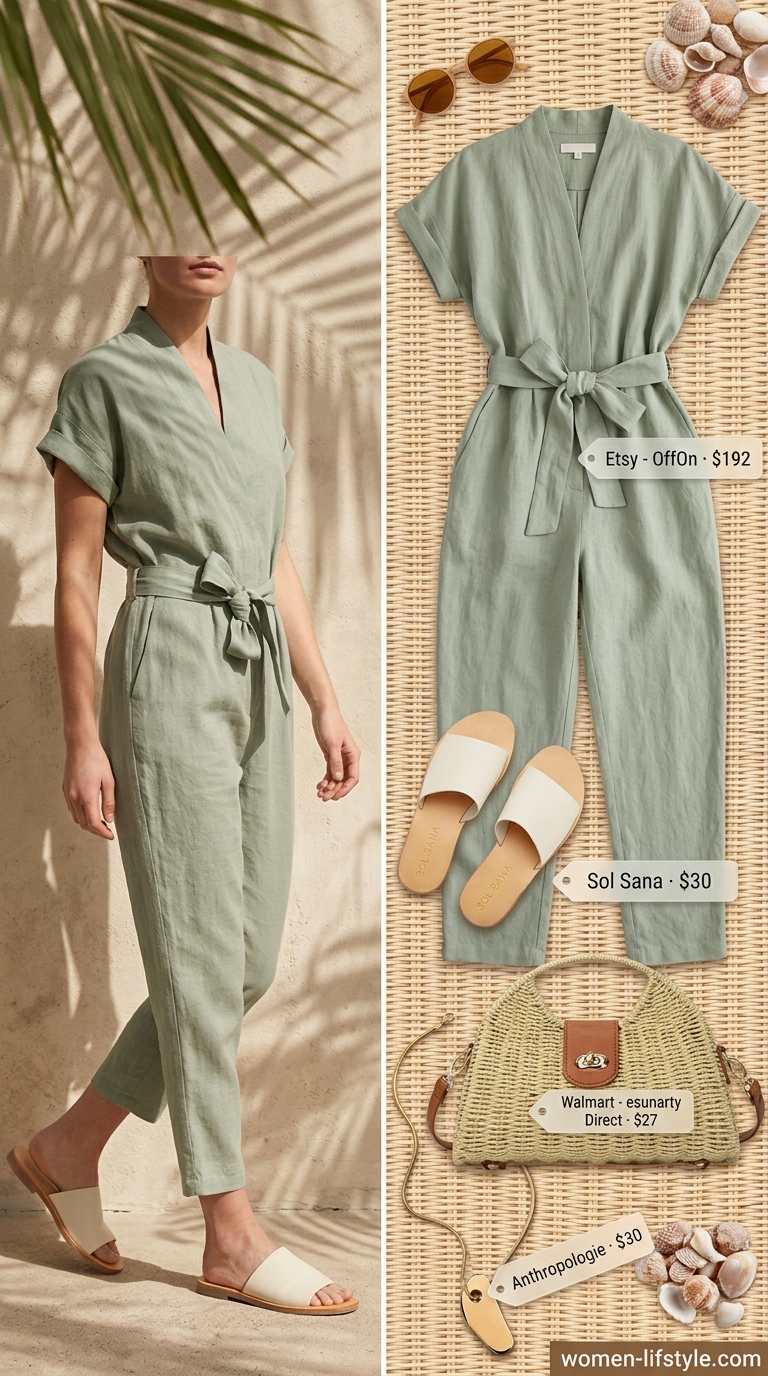 Coastal Brunch Charm: Mastering the Sage Green Linen Jumpsuit