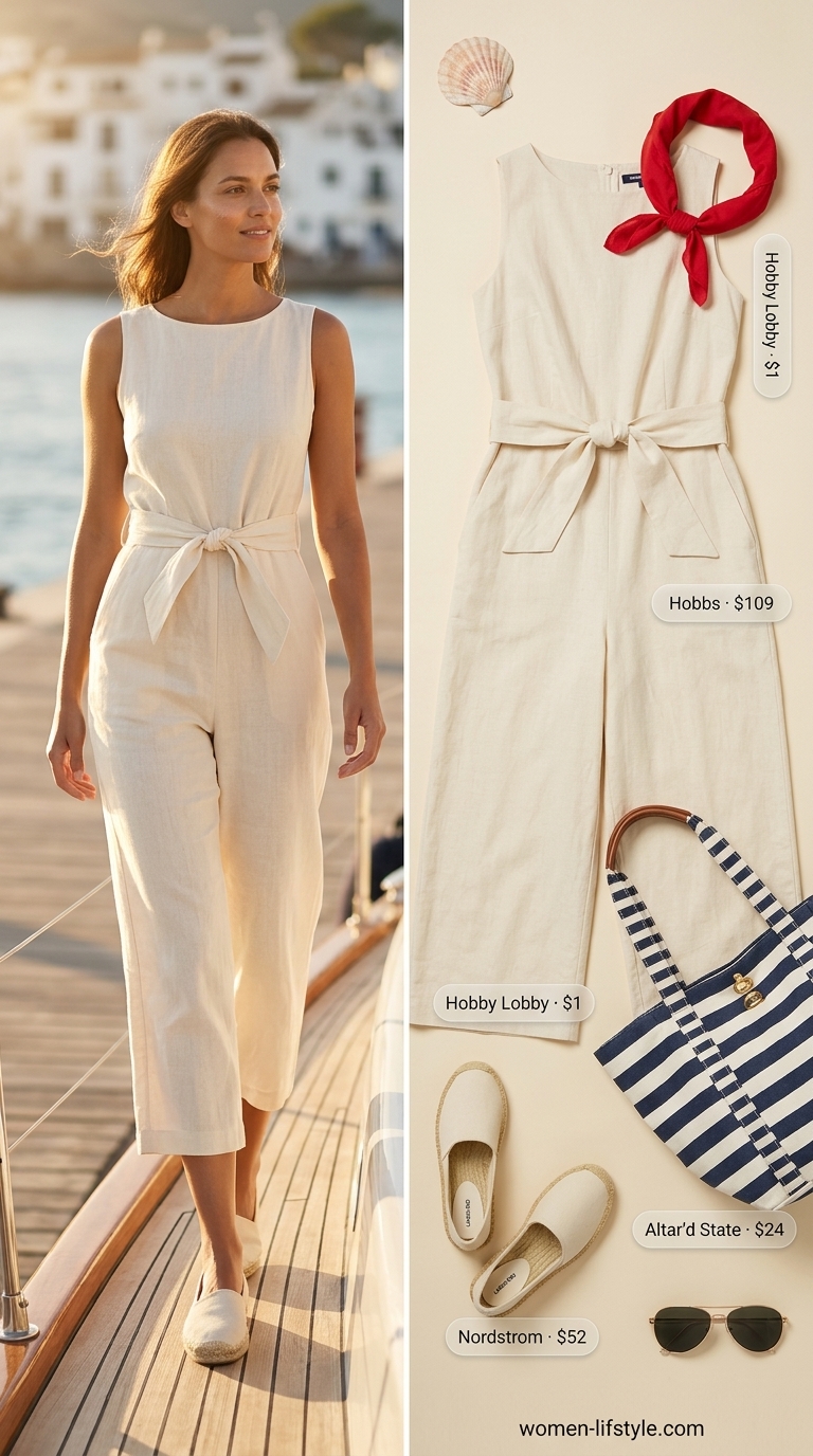 A classic navy blue relaxed summer linen jumpsuit for women 2026 is combined with white espadrille flats, a striped tote, and a red bandana, for a nautical seaside escape.