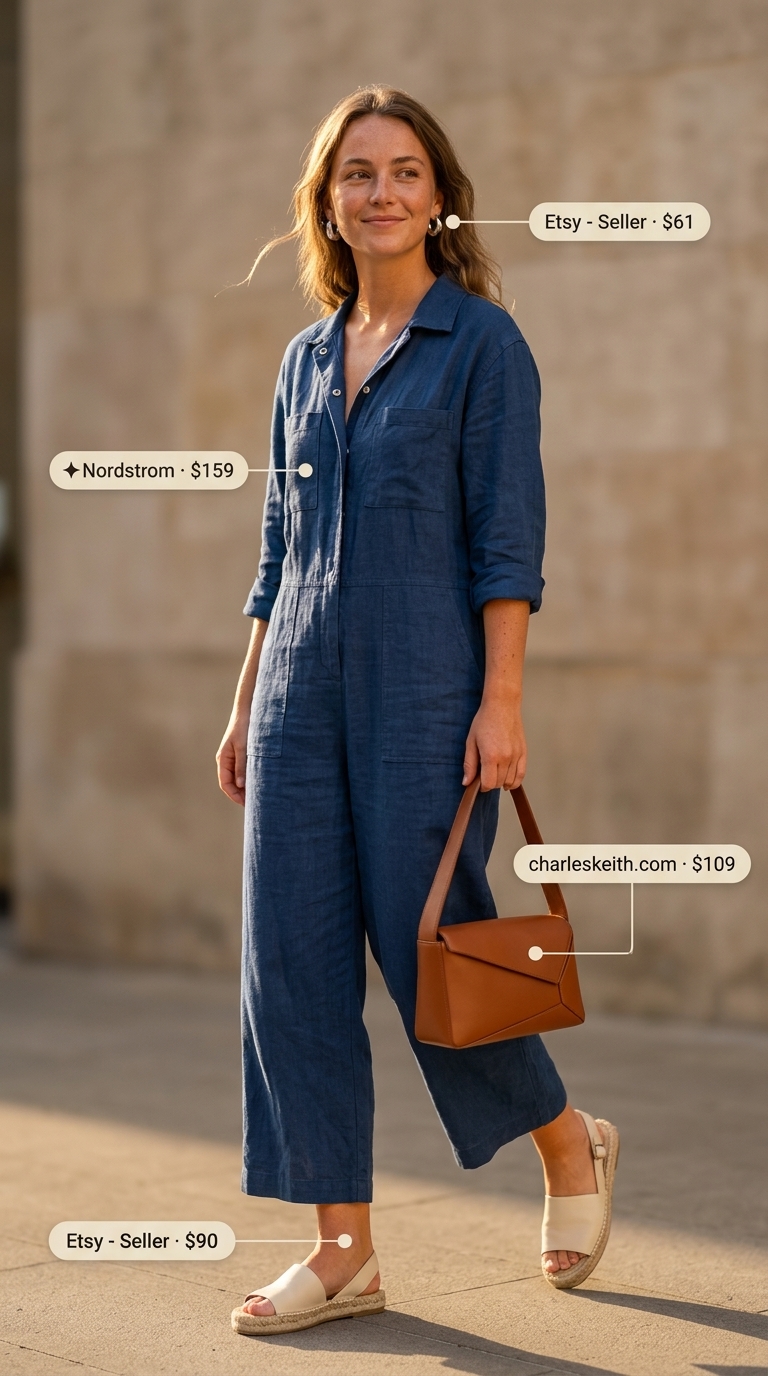 Indigo blue relaxed summer linen jumpsuit for women, styled with silver earrings, cognac espadrille flats, and a cream crossbody for an artistic event.