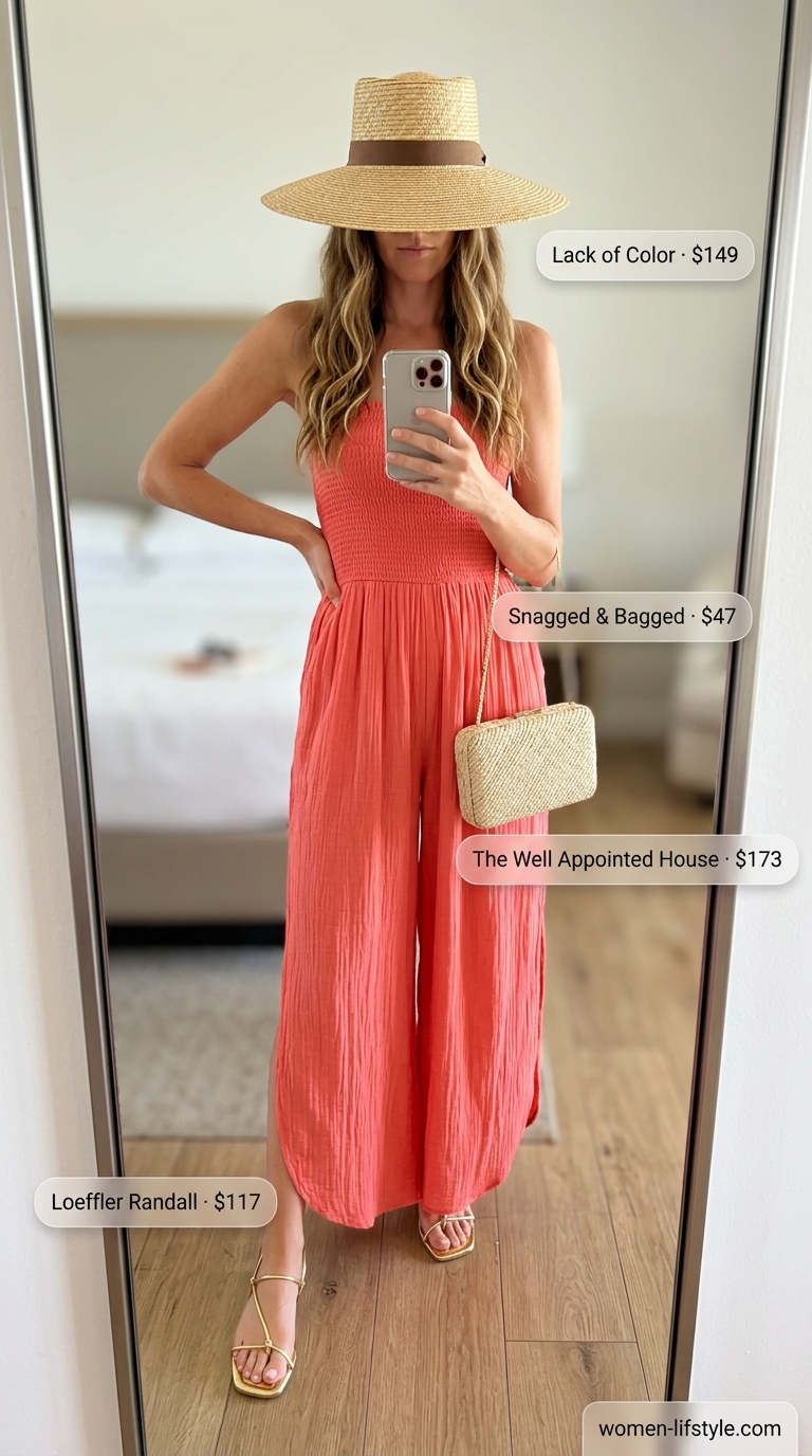 Vibrant coral strapless relaxed summer linen jumpsuit for women, paired with a straw sun hat, gold flat sandals, and a small woven clutch for a resort getaway.