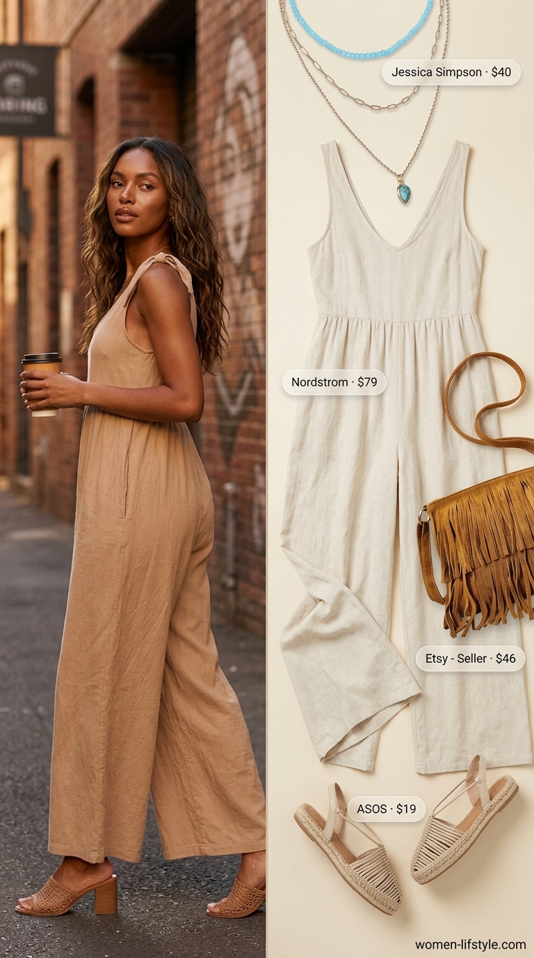 A terracotta loose-fit relaxed summer linen jumpsuit for women 2026 with tie-shoulder straps, styled with flat espadrille sandals and layered turquoise necklaces for a boho festival look.