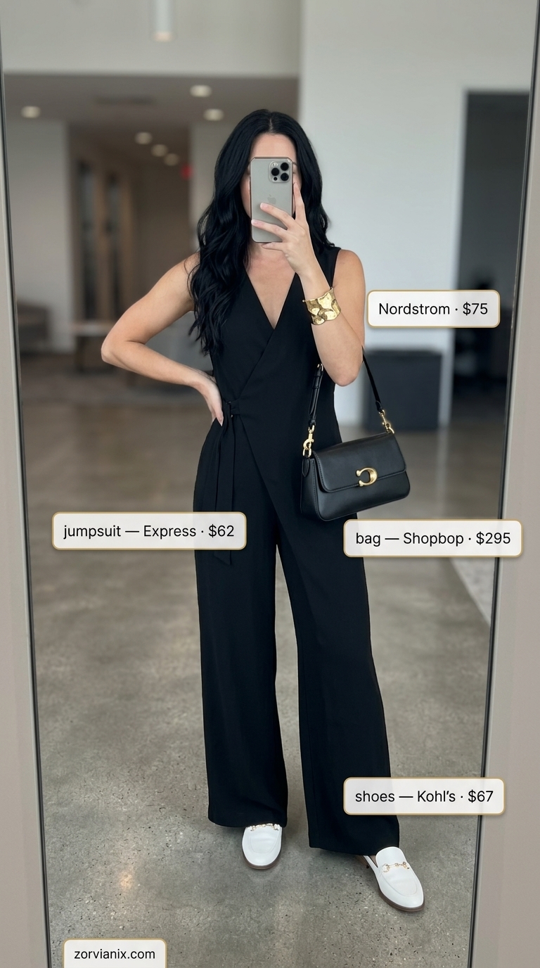 Chic Wide-Leg Jumpsuit: Summer Business Casual 2026 Black jumpsuit outfit for summer business casual 2026. White mules, gold cuff, and belt.