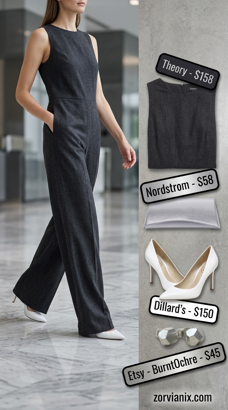 Effortless Jumpsuit Summer Business Casual 2026 Sophisticated summer business casual outfit for women 2026: Charcoal jumpsuit, white heels, silver clutch, and earrings.