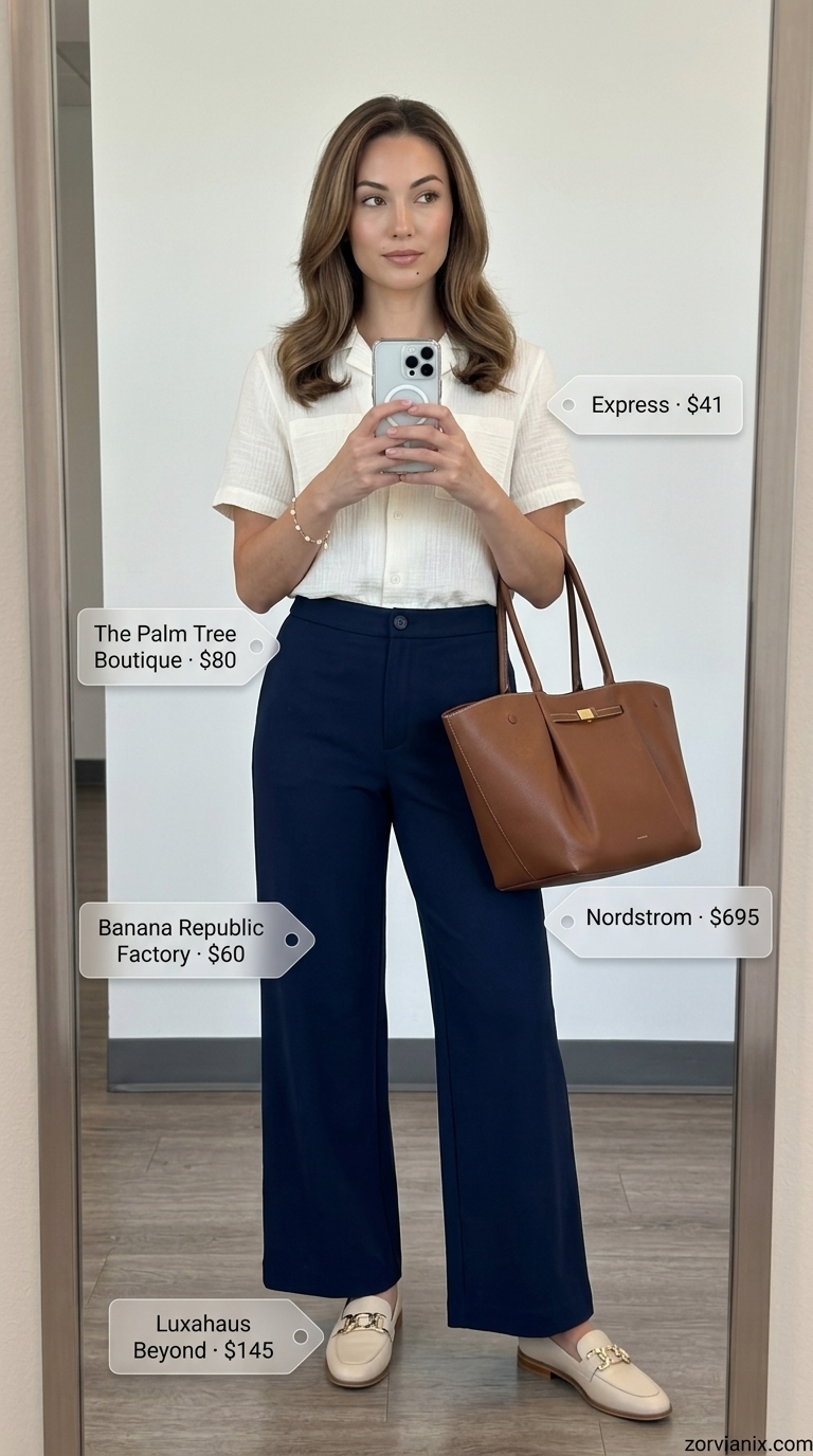 Chic City Commute Summer Business Casual 2026 Chic summer business casual outfit for women 2026: Navy wide-leg trousers, white shirt, beige loafers, and tan tote.
