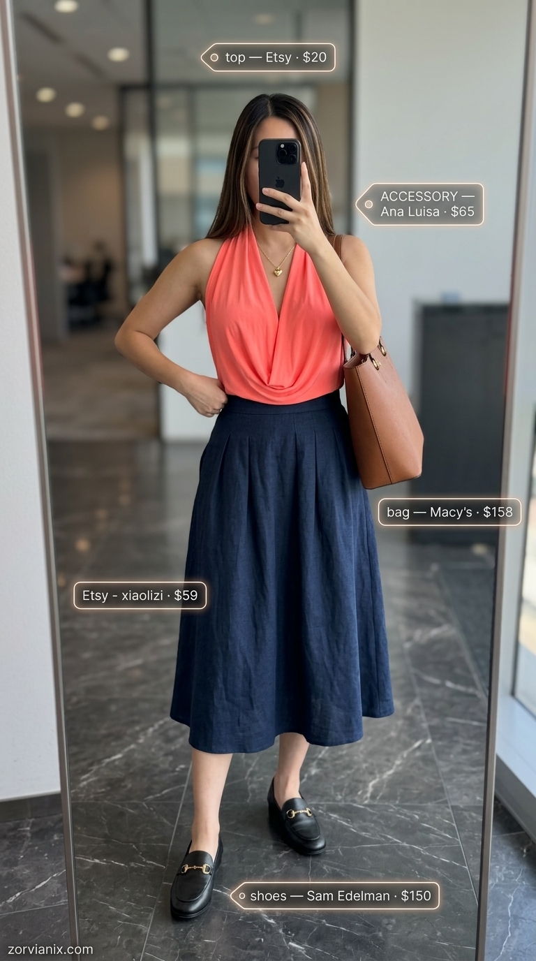 Modern A-Line Skirt: Summer Business Casual 2026 Navy skirt outfit for summer business casual 2026. Coral top, loafers, and structured tote.