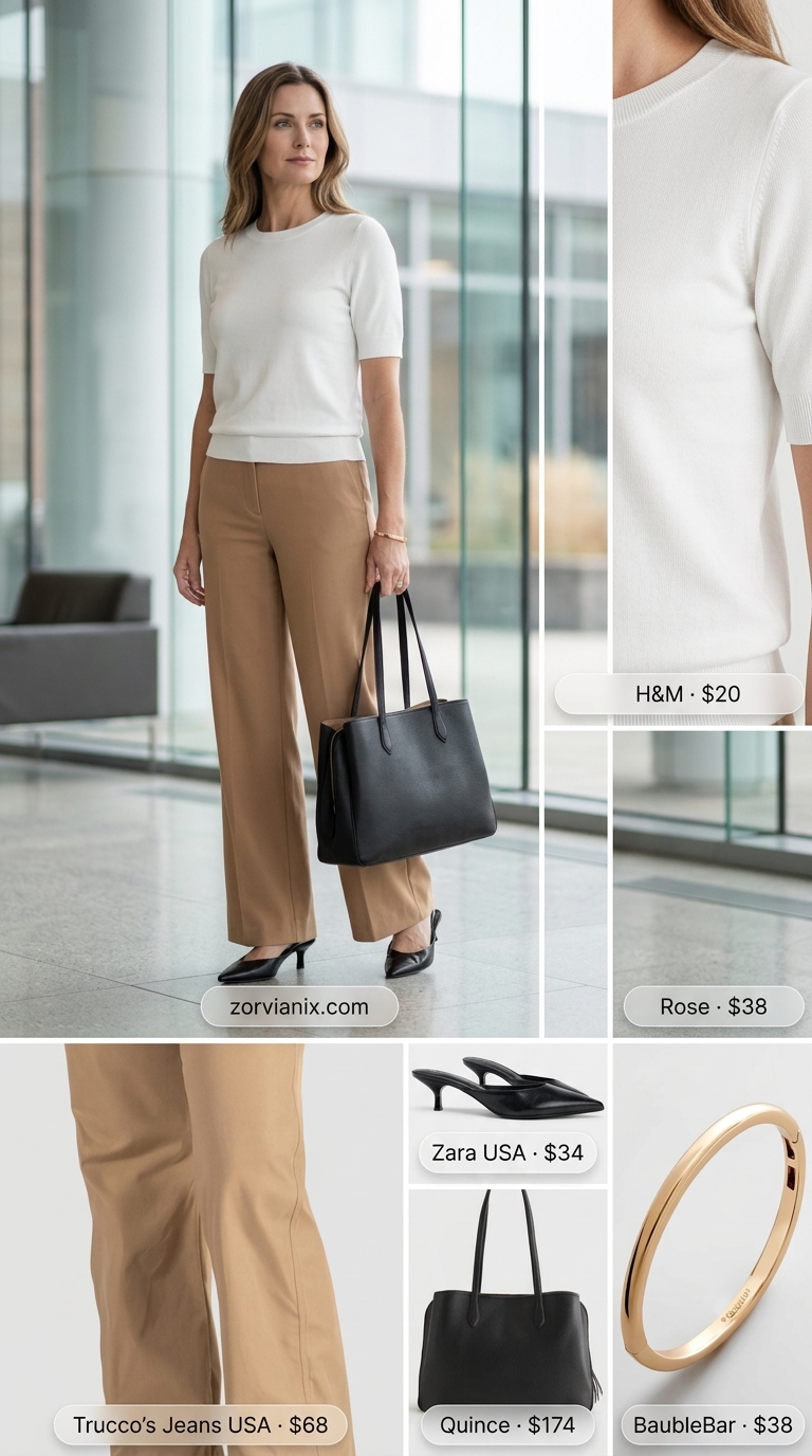 Wide Leg Trousers Summer Business Casual 2026 Comfortable summer business casual outfit for women 2026: Camel wide-leg trousers, white knit top, black mules, and tote.