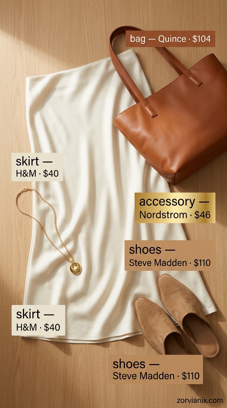 Elevated Linen Set Summer Business Casual 2026 Breathable summer business casual outfit for women 2026: Linen skirt set, tan mules, gold necklace, and cognac bag.