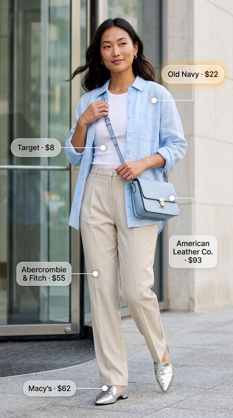 Summer Business Casual Outfit 2026: Layered Look Light blue linen shirt over white tank with beige pants for a summer business casual outfit 2026.