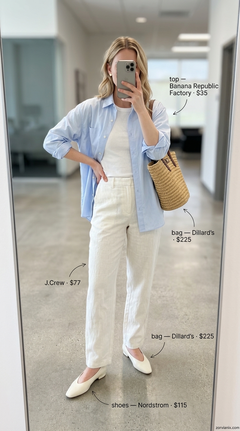 Relaxed Linen Trousers: Summer Business Casual 2026 Khaki linen trousers outfit for summer business casual 2026. White button-down shirt, straw tote, and flats.