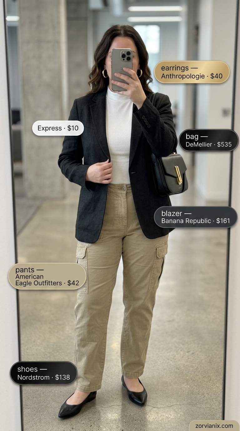 Smart Cargo Pants Summer Business Casual 2026 Modern summer business casual outfit for women 2026: Khaki cargo pants, white knit top, black blazer, and flats.