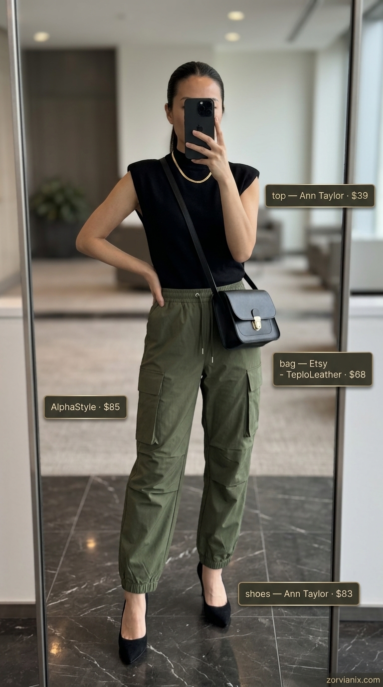 Elevated Cargo Pants: Summer Business Casual 2026 Olive green cargo pants outfit for summer business casual 2026. Black mock neck top, gold necklace, and heels.